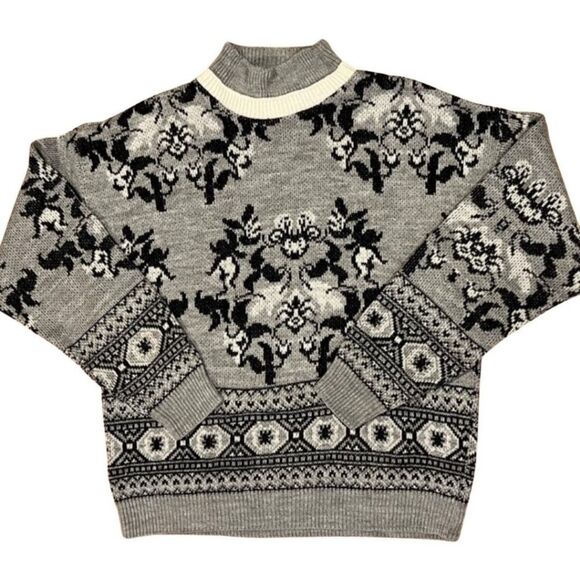 Diane VonFurstenberg Sweater Ski Double Mock Neck Knit Floral Gray Black Sz. S/M - Picture 10 of 10